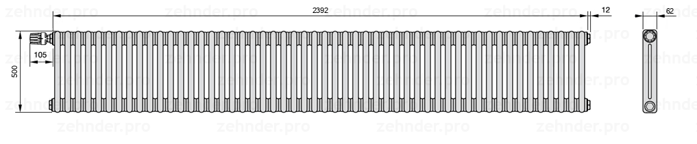 Схема (чертеж) Радиатор Zehnder Charleston 2050/52 №V011 Белый глянцевый RAL 9016